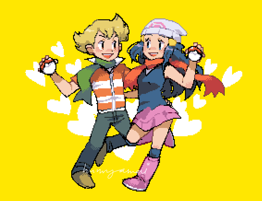 1boy 1girl barry_(pokemon) beanie blonde_hair blush boots brown_eyes commentary_request hikari_(pokemon) eye_contact eyelashes green_scarf hair_ornament hairclip hand_up hat heart holding holding_poke_ball hunnyamai long_hair looking_at_another open_mouth orange_scarf over-kneehighs pants pink_footwear pixel_art poke_ball poke_ball_(basic) pokemon pokemon_(game) pokemon_dppt scarf shoes signature smile teeth thigh-highs yellow_background