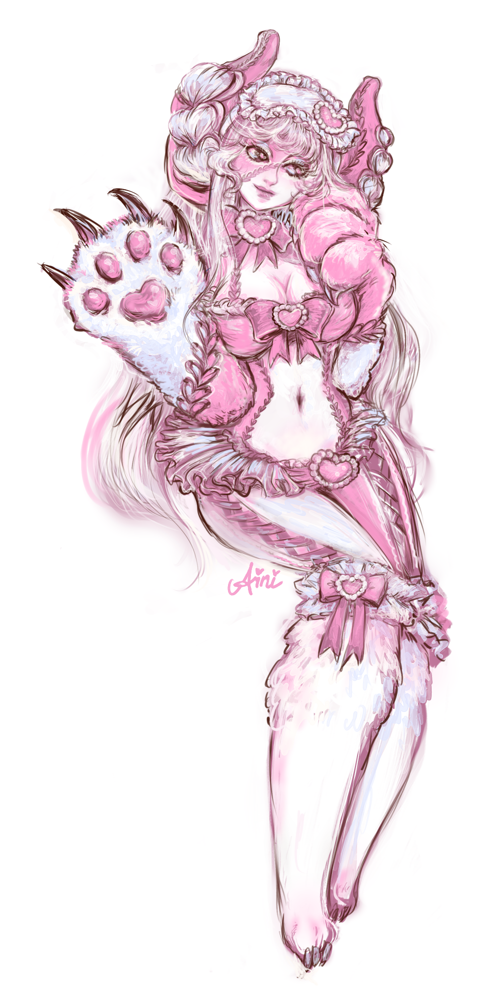 aini bogey_(monster_girl_encyclopedia) bow heart highres monster_girl monster_girl_encyclopedia original pale_skin pink_bow pink_eyes sleep_mask solo stitches