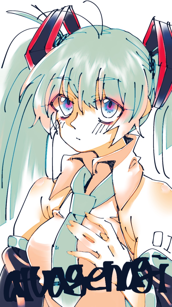 1girl ahoge aqua_hair aqua_neckwear armpit_crease artist_name atuagenagi bangs bare_shoulders blue_eyes blush breasts closed_mouth collared_shirt commentary_request cropped_torso detached_sleeves dress_shirt eyebrows_visible_through_hair gradient_eyes hair_between_eyes hand_on_own_chest hatsune_miku highres long_hair looking_at_viewer medium_breasts multicolored multicolored_eyes necktie number_tattoo shiny shiny_hair shirt shoulder_blush shoulder_tattoo simple_background sleeveless sleeveless_shirt solo tattoo tie_clip twintails upper_body violet_eyes vocaloid white_background white_shirt