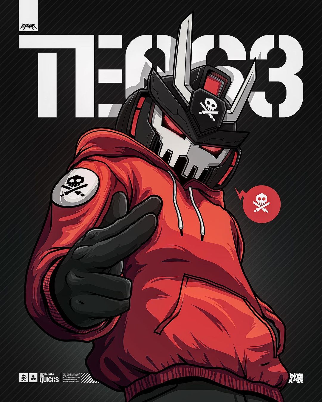 1boy character_name english_commentary finger_gun hand_in_pocket highres hood hoodie ivan_trabado jolly_roger looking_at_viewer looking_down no_humans original red_eyes red_hoodie robot second-party_source skull_and_crossed_swords solo spoken_skull teq63 v-fin