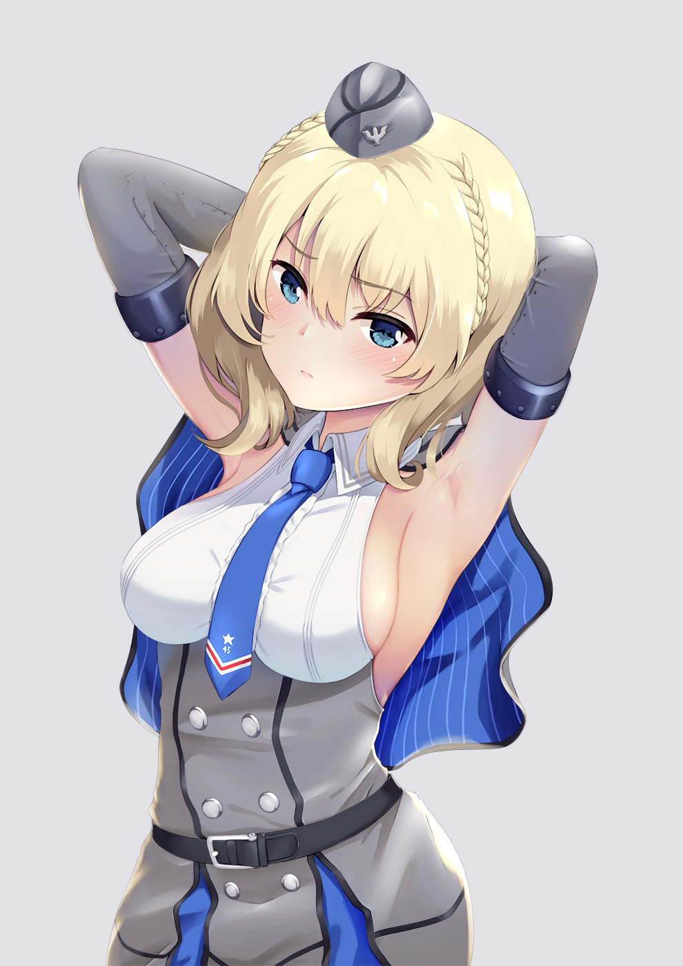 1girl armpits blonde_hair blue_eyes blue_neckwear blush braid breasts capelet colorado_(kancolle) commentary_request dress elbow_gloves garrison_cap gloves grey_dress grey_headwear hat headgear highres kantai_collection large_breasts looking_at_viewer necktie ochikata_kage pleated_dress shirt short_hair side_braids sideboob simple_background sleeveless solo white_shirt