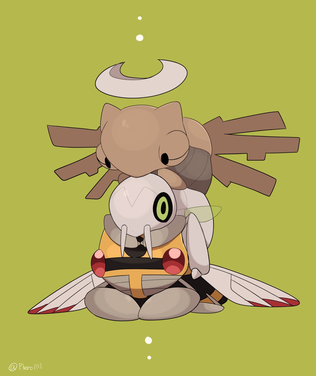 a-nya bug commentary_request gen_3_pokemon green_background green_eyes halo highres insect nincada ninjask no_humans pokemon pokemon_(creature) red_eyes shedinja simple_background stacking