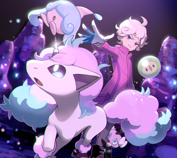 1boy ahoge bangs bede_(pokemon) cave_interior closed_mouth coat commentary_request galarian_form galarian_ponyta gen_5_pokemon gen_8_pokemon gin-jou glint gloves gothita grey_hair hatenna leggings long_sleeves looking_to_the_side male_focus partially_fingerless_gloves pokemon pokemon_(creature) pokemon_(game) pokemon_swsh purple_coat purple_footwear shoes short_hair smile solosis spread_fingers standing violet_eyes
