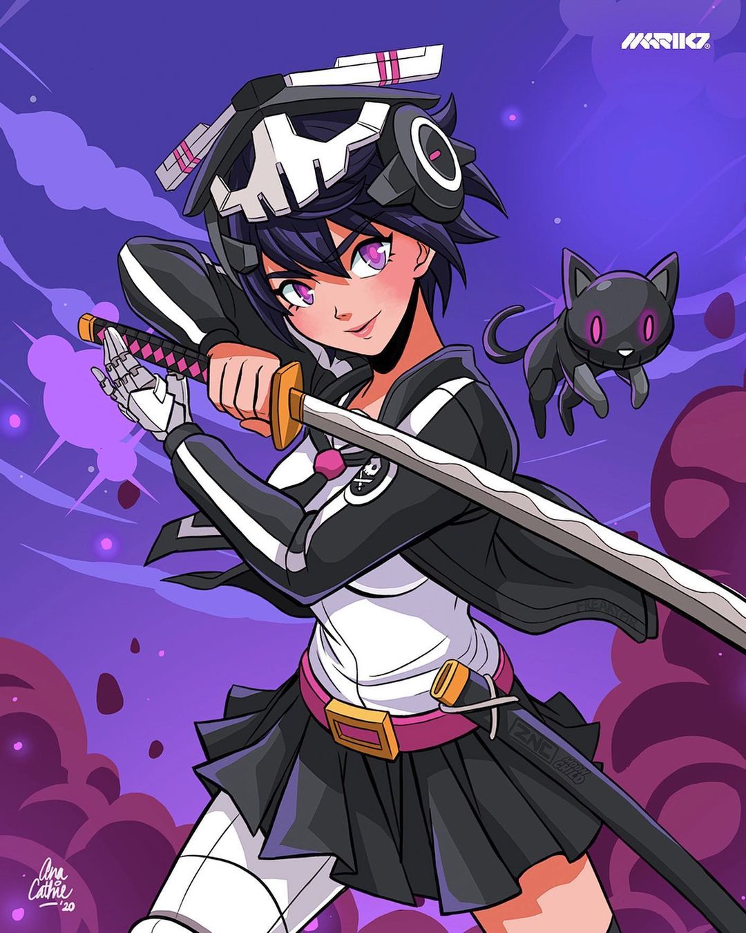 1girl anacathie animal black_cat black_hair cat english_commentary glowing glowing_eyes helmet highres jacket jolly_roger katana mariko_(quiccs) mask mask_on_head mechanical_hands official_art original second-party_source short_hair single_mechanical_hand skull_and_crossed_swords skull_mask sword thick_lips v-fin violet_eyes weapon