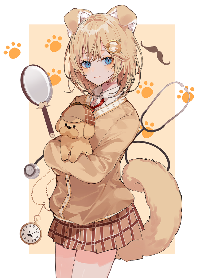1girl animal animal_ears bangs blonde_hair blue_eyes breasts brown_cardigan bubba_(watson_amelia) cardigan chiemo_(xcem) closed_mouth collared_shirt cowboy_shot deerstalker dog dog_ears dog_girl dog_tail hair_ornament hat holding holding_animal holding_dog hololive hololive_english long_sleeves looking_at_viewer magnifying_glass miniskirt monocle_hair_ornament mustache_print open_mouth paw_print_background plaid plaid_skirt pleated_skirt pocket_watch red_neckwear shirt skirt smile tail virtual_youtuber watch watson_amelia white_shirt