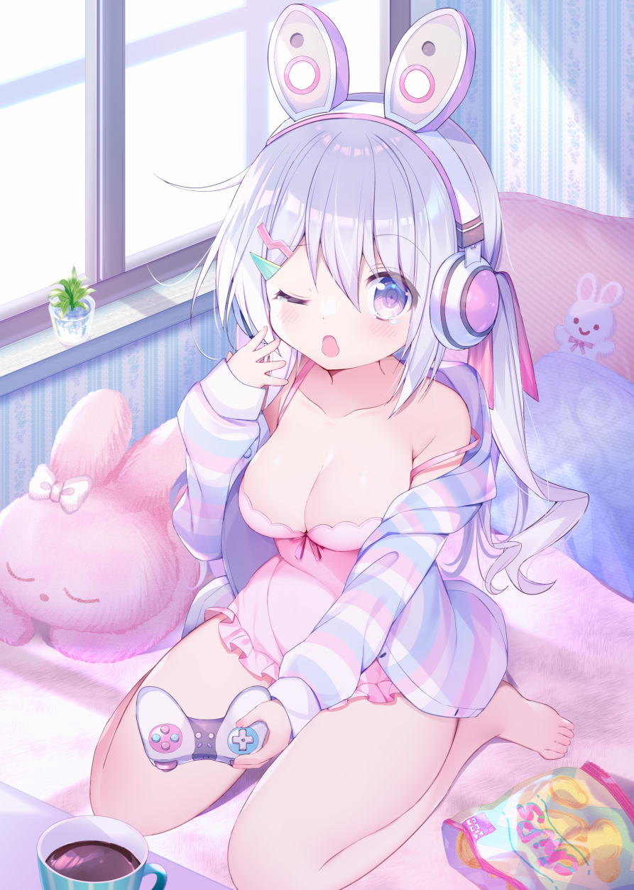1girl bangs blonde_hair blouse blush breasts bunny_headphones chips coffee_cup controller cup d_omm disposable_cup flower food hair_ornament hair_ribbon hairclip headphones highres hood hoodie joystick long_hair long_sleeves looking_at_viewer medium_breasts moe2021 nightgown one_eye_closed open_mouth original pink_nightgown rabbit ribbon seiza simple_background sitting solo tail tail_ornament tail_ribbon thigh-highs twintails window