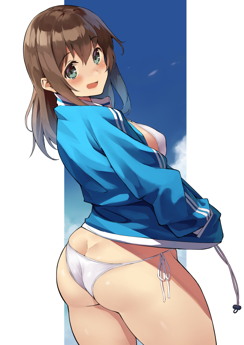 1girl ass bangs bikini blush breasts brown_hair eyebrows_visible_through_hair from_behind green_eyes hair_between_eyes hands_in_pockets highres jacket kekemotsu large_breasts long_hair long_sleeves looking_at_viewer looking_back open_mouth open_track_jacket original side-tie_bikini smile solo swimsuit swimsuit_under_clothes track_jacket white_bikini white_swimsuit