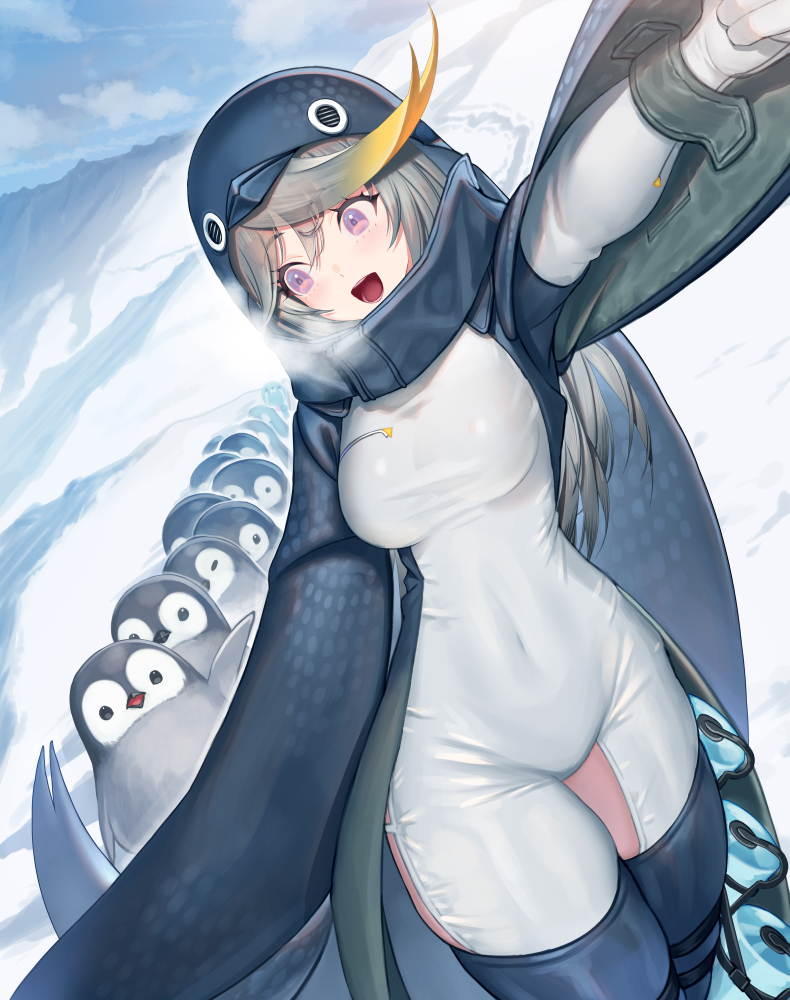 1girl animal_costume animal_hood bird bird_costume blonde_hair blush bodysuit breasts breath empress_(last_origin) eyebrows_visible_through_hair grey_hair highlights hood igloo kagimiya_mello last_origin long_hair looking_to_the_side multicolored_hair open_mouth penguin penguin_costume penguin_hood smile snow snow_shelter tundra violet_eyes