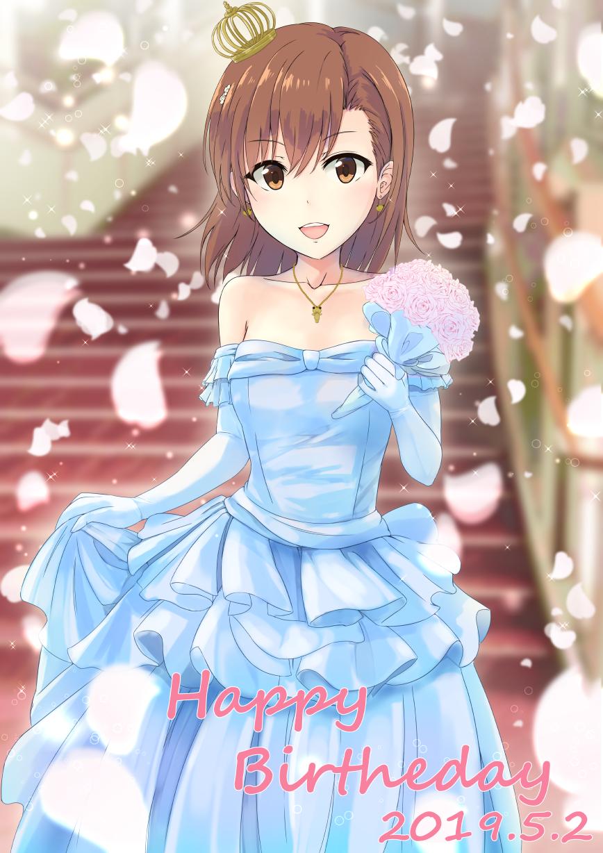 1girl 2019 :d bangs blue_dress blue_gloves blurry blurry_background bouquet brown_eyes brown_hair collarbone crown dated dress earrings elbow_gloves eyebrows_visible_through_hair flower gloves hair_between_eyes happy_birthday highres holding holding_bouquet jewelry k3rd layered_dress long_dress looking_at_viewer medium_hair mini_crown misaka_mikoto necklace open_mouth petals pink_flower pink_rose rose shiny shiny_hair skirt_hold sleeveless sleeveless_dress smile solo stairs standing strapless strapless_dress toaru_majutsu_no_index wedding_dress