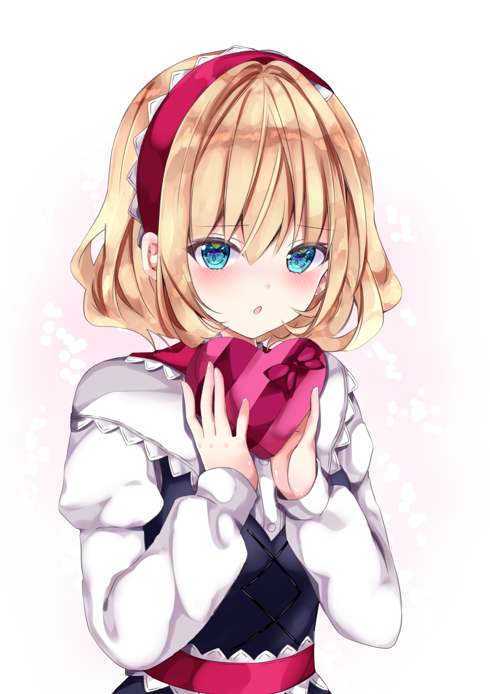 1girl alice_margatroid bangs black_dress blonde_hair blue_eyes blush bow box dress eyebrows_visible_through_hair gift gift_box hair_between_eyes hairband hands_up heart heart-shaped_pupils highres holding holding_gift juliet_sleeves long_sleeves looking_at_viewer nanase_nao parted_lips puffy_sleeves purple_bow red_hairband shirt sleeveless sleeveless_dress solo symbol-shaped_pupils touhou upper_body white_shirt