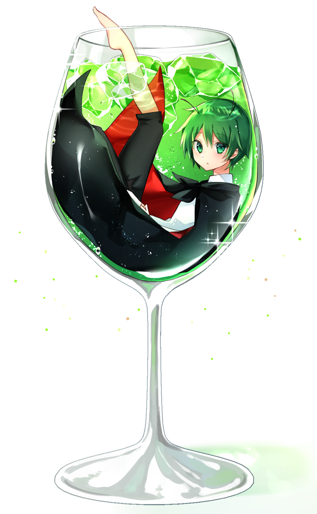1girl antennae bangs barefoot black_cape black_shorts blush bubble cape collared_shirt commentary cup drinking_glass eyebrows_visible_through_hair full_body glint green_eyes green_hair highres ice ice_cube in_container in_cup katsuobushi_(eba_games) long_sleeves looking_at_viewer looking_to_the_side red_cape shirt short_hair shorts simple_background solo submerged touhou two-sided_cape two-sided_fabric white_background white_shirt wine_glass wriggle_nightbug