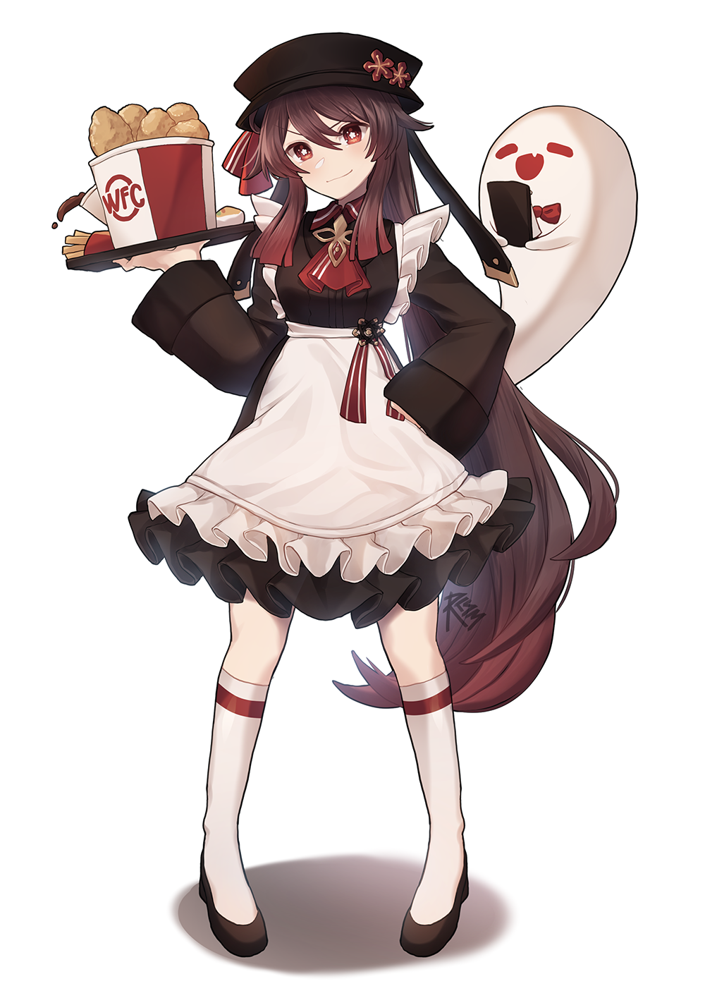 1girl alternate_costume apron bird brown_hair chicken closed_eyes fang food french_fries frilled_skirt frills full_body genshin_impact ghost hair_ornament hand_on_hip hat high_heels highres hu_tao kfc long_hair long_sleeves multicolored_hair neckerchief open_mouth parody red_eyes redhead rktsm simple_background skirt smile socks solo standing tray two-tone_hair white_background wide_sleeves