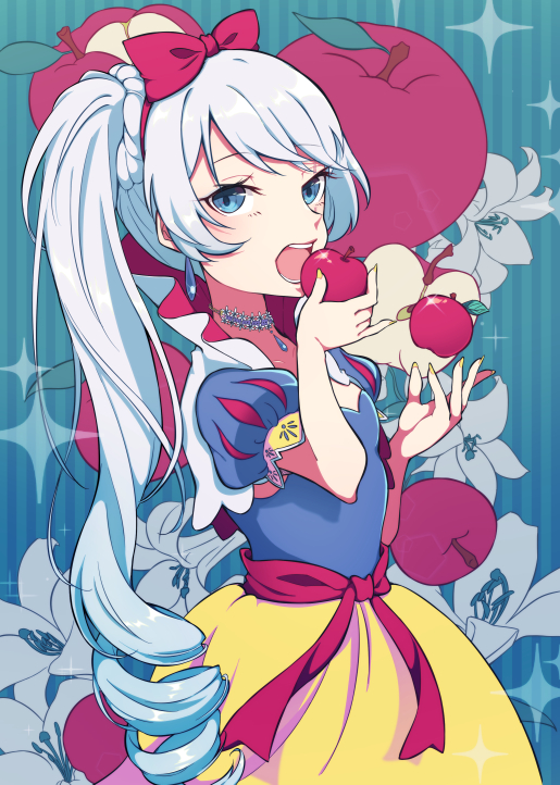 1girl apple bangs blue_background blue_eyes blue_shirt bow braid cosplay earrings eyebrows_visible_through_hair food fruit hair_bow holding holding_food holding_fruit jewelry long_hair maguro_(guromaguro) necklace open_mouth red_apple red_bow rwby shiny shiny_hair shirt short_sleeves side_ponytail silver_hair skirt snow_white_(disney) snow_white_(disney)_(cosplay) solo standing vertical-striped_background very_long_hair weiss_schnee winter_schnee yellow_skirt