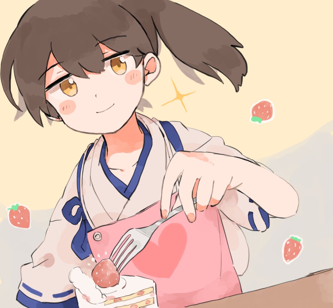 1girl apron brown_eyes brown_hair cake commentary_request dutch_angle food fork fruit heart ina_(1813576) japanese_clothes kaga_(kancolle) kantai_collection long_hair pink_apron side_ponytail smile solo sparkle strawberry strawberry_shortcake tasuki