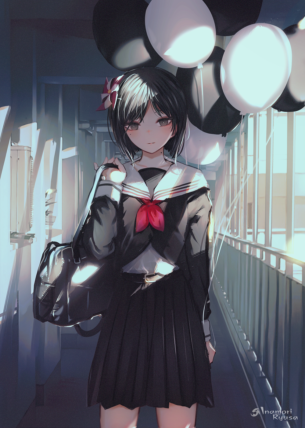 1girl arm_at_side artist_name bag balloon bangs belt black_hair black_shirt black_skirt blush breasts closed_mouth collarbone commentary_request cowboy_shot day grey_eyes hallway hand_up highres holding holding_bag holding_balloon inaeda_kei long_sleeves looking_at_viewer mole mole_on_neck mole_under_eye neckerchief original parted_bangs pinwheel pinwheel_hair_ornament pleated_skirt railing red_neckwear sailor_collar school_bag school_uniform serafuku shade shirt short_hair skirt sleeve_cuffs small_breasts solo sunlight undershirt white_shirt