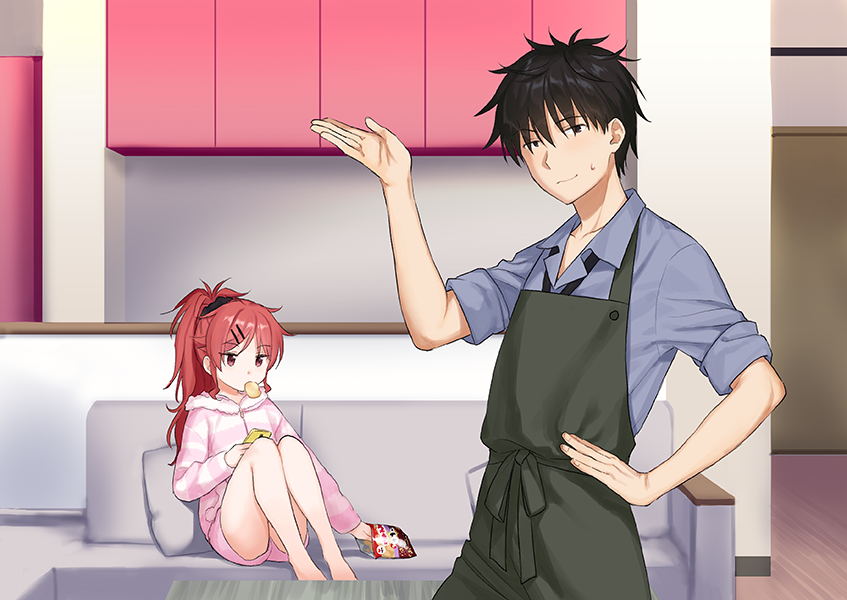 1boy 1girl apron black_hair brother_and_sister cellphone chigusa_asuha chigusa_kasumi chips food hair_ornament hairclip indoors long_hair mouth_hold phone ponytail potato_chips qualidea_code red_eyes redhead sekiya_asami short_hair short_shorts shorts siblings sitting smartphone sweatdrop