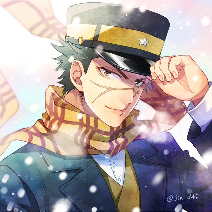 1boy artist_name black_hair brown_eyes golden_kamuy hand_up hat jin_akhr kepi male_focus military_hat scar scar_on_cheek scar_on_face scar_on_nose scarf short_hair simple_background smile snow solo sugimoto_saichi upper_body wind yellow_scarf