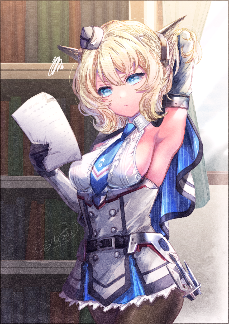 1girl arm_behind_head black_gloves black_legwear blonde_hair blue_eyes blue_neckwear bookshelf breasts capelet colorado_(kancolle) commentary_request cowboy_shot curtains dress elbow_gloves garrison_cap gloves grey_dress grey_headwear hat headgear highres ittokyu kantai_collection large_breasts looking_at_viewer necktie pantyhose paper pleated_dress shirt short_hair side_braids sideboob sleeveless solo white_shirt window