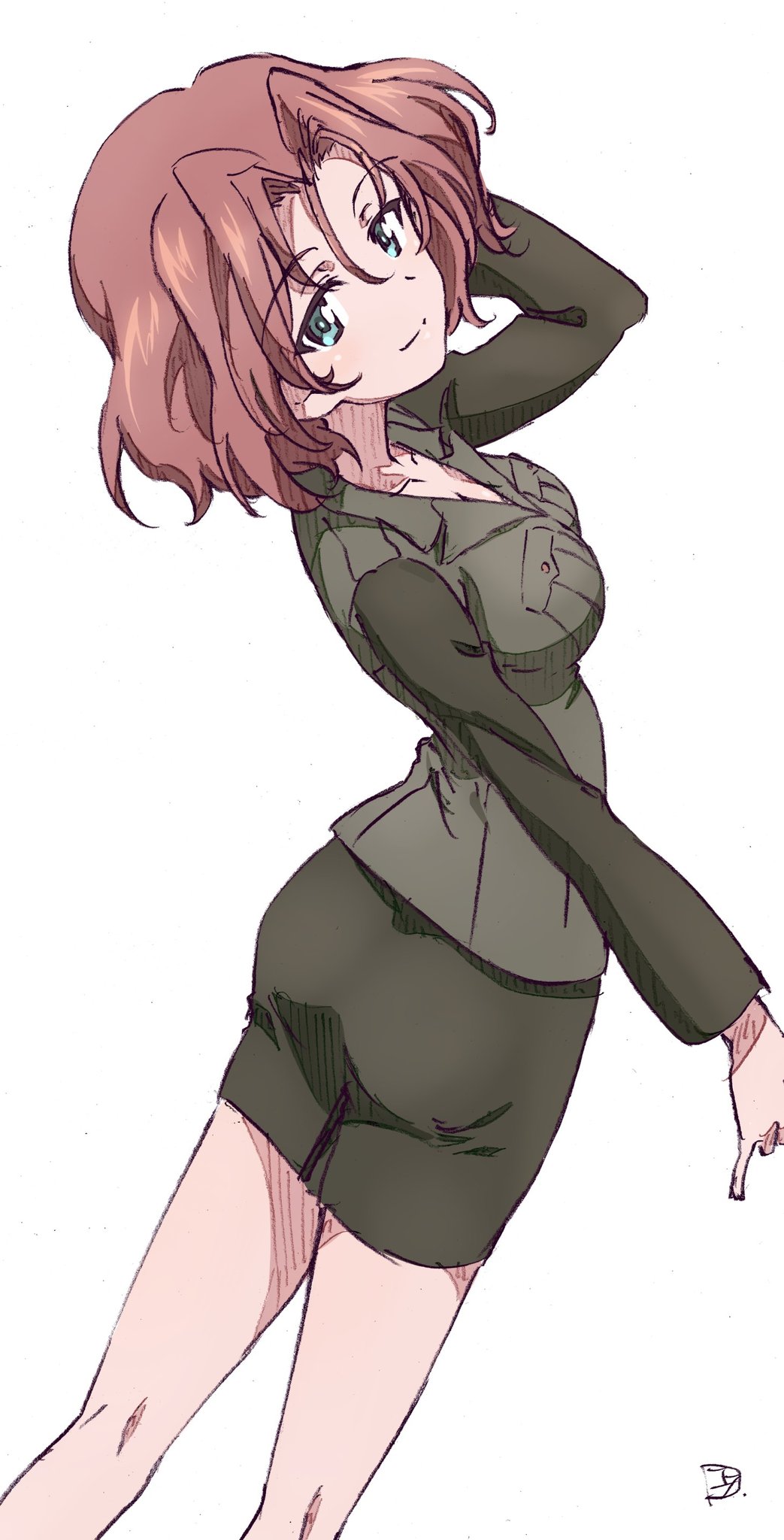 1girl arm_up artist_name azumi_(girls_und_panzer) bad_id bad_twitter_id bangs black_jacket black_skirt blue_eyes brown_hair closed_mouth commentary erakin eyebrows_visible_through_hair girls_und_panzer hand_in_hair highres jacket long_sleeves looking_at_viewer looking_back military military_uniform miniskirt no_emblem parted_bangs pencil_skirt selection_university_military_uniform short_hair signature simple_background skirt smile solo standing traditional_media uniform white_background