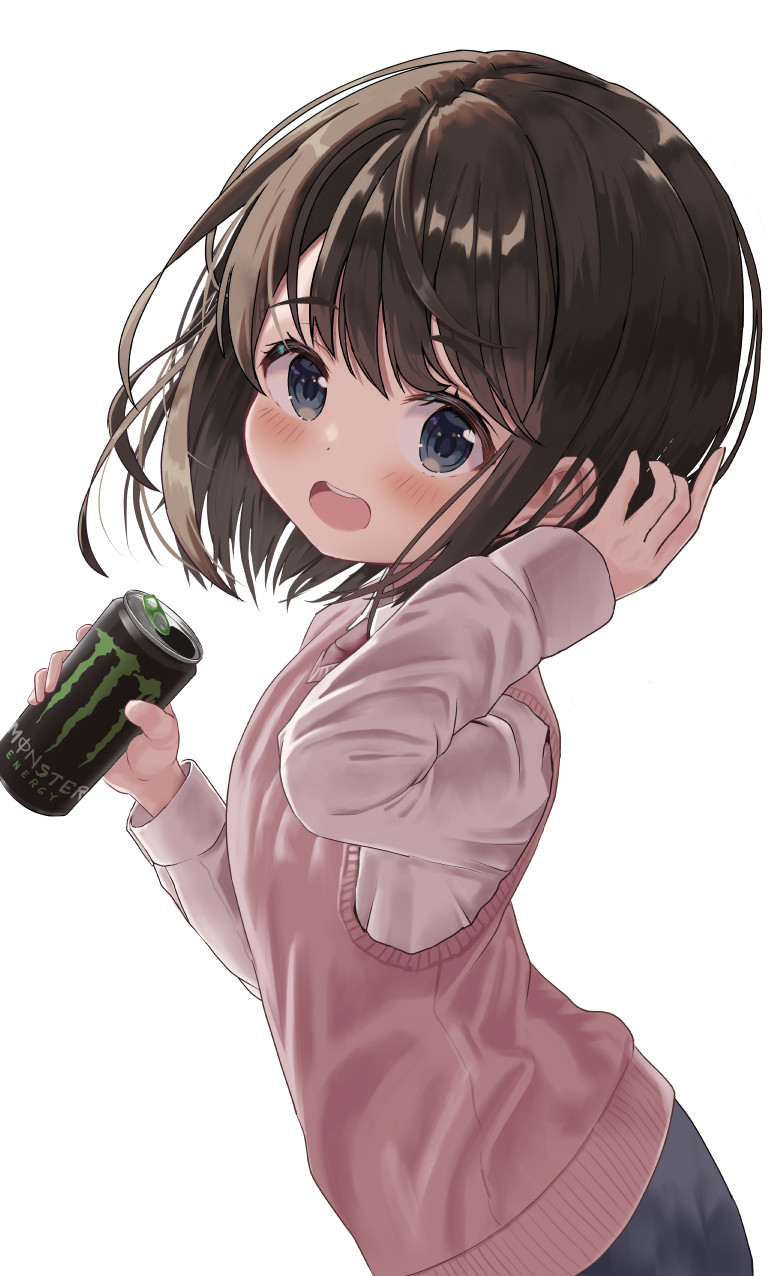 1girl :d bangs black_hair black_skirt blue_eyes blush brown_neckwear can collared_shirt commentary_request energy_drink eyebrows_visible_through_hair hands_up highres holding holding_can long_sleeves looking_at_viewer mimikaki_(men_bow) monster_energy necktie open_mouth original shirt simple_background skirt sleeves_past_wrists smile solo sweater_vest upper_teeth white_background white_shirt