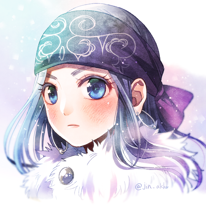 1girl artist_name asirpa blue_eyes blush earrings fur_trim golden_kamuy headband hoop_earrings jewelry jin_akhr long_hair looking_at_viewer portrait solo