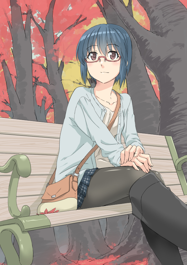 1girl arm_support autumn autumn_leaves bag bangs black_footwear black_hair black_legwear black_skirt blue_jacket boots brown_eyes character_request closed_mouth collarbone commentary_request cropped_legs dutch_angle eyebrows_visible_through_hair glasses hair_between_eyes hand_on_own_knee hands_on_own_knees hands_together jacket looking_ahead looking_away original pantyhose plaid plaid_skirt pleated_skirt red-framed_eyewear semi-rimless_eyewear shimotsuki_iko shiny shiny_clothes shiny_hair shiny_legwear shirt short_hair shoulder_bag sitting skirt solo tree under-rim_eyewear white_shirt