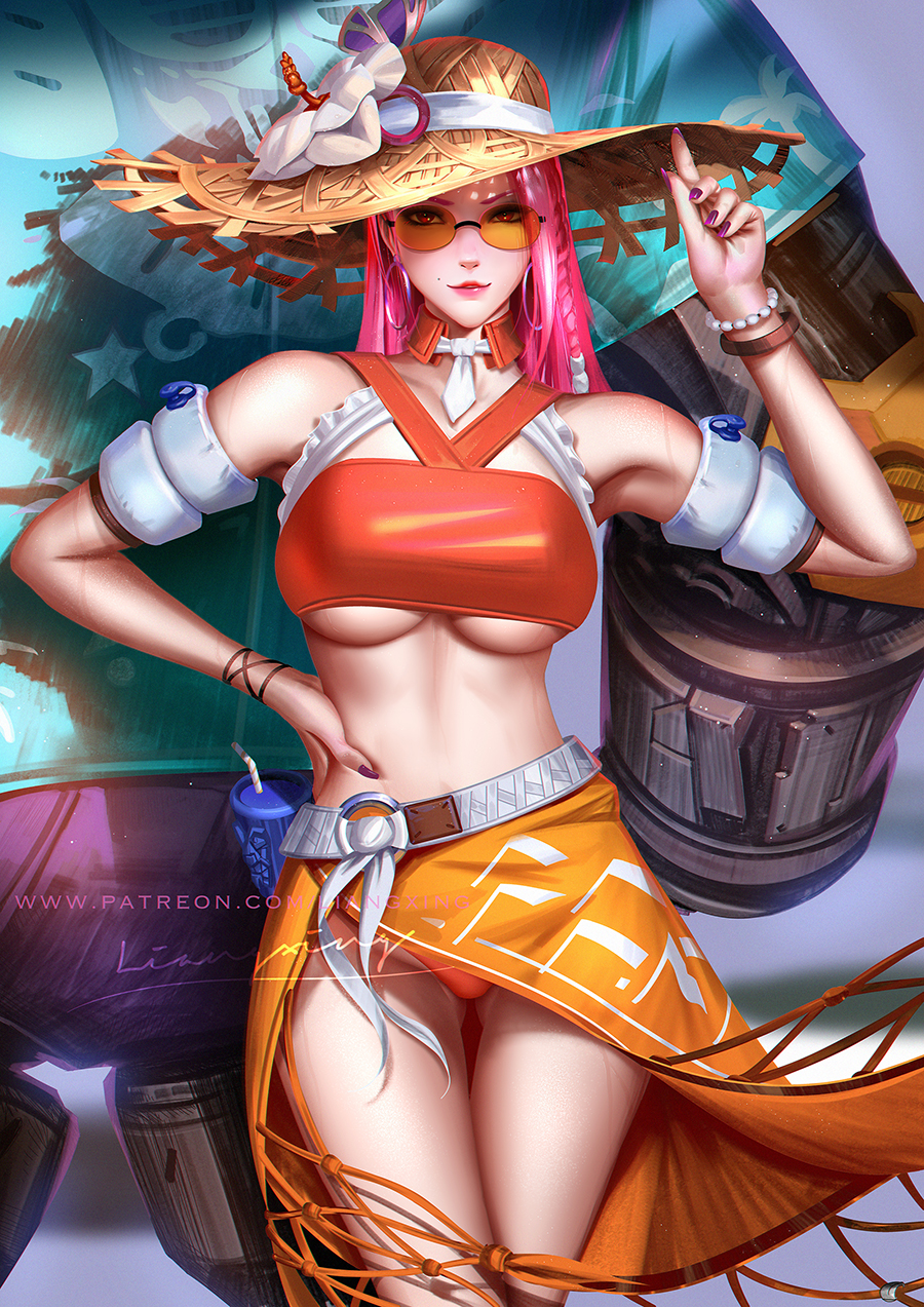 1girl armband ashe_(overwatch) ass_visible_through_thighs belt bikini blurry blurry_background bracelet breasts cowboy_shot detached_collar earrings flower hand_on_hip hat hat_flower highres hoop_earrings jewelry large_breasts liang_xing long_hair looking_at_viewer mole mole_above_mouth navel official_alternate_costume overwatch pink_hair red_eyes rimless_eyewear sarong signature solo straw_hat sun_hat sunglasses swimsuit under_boob watermark web_address