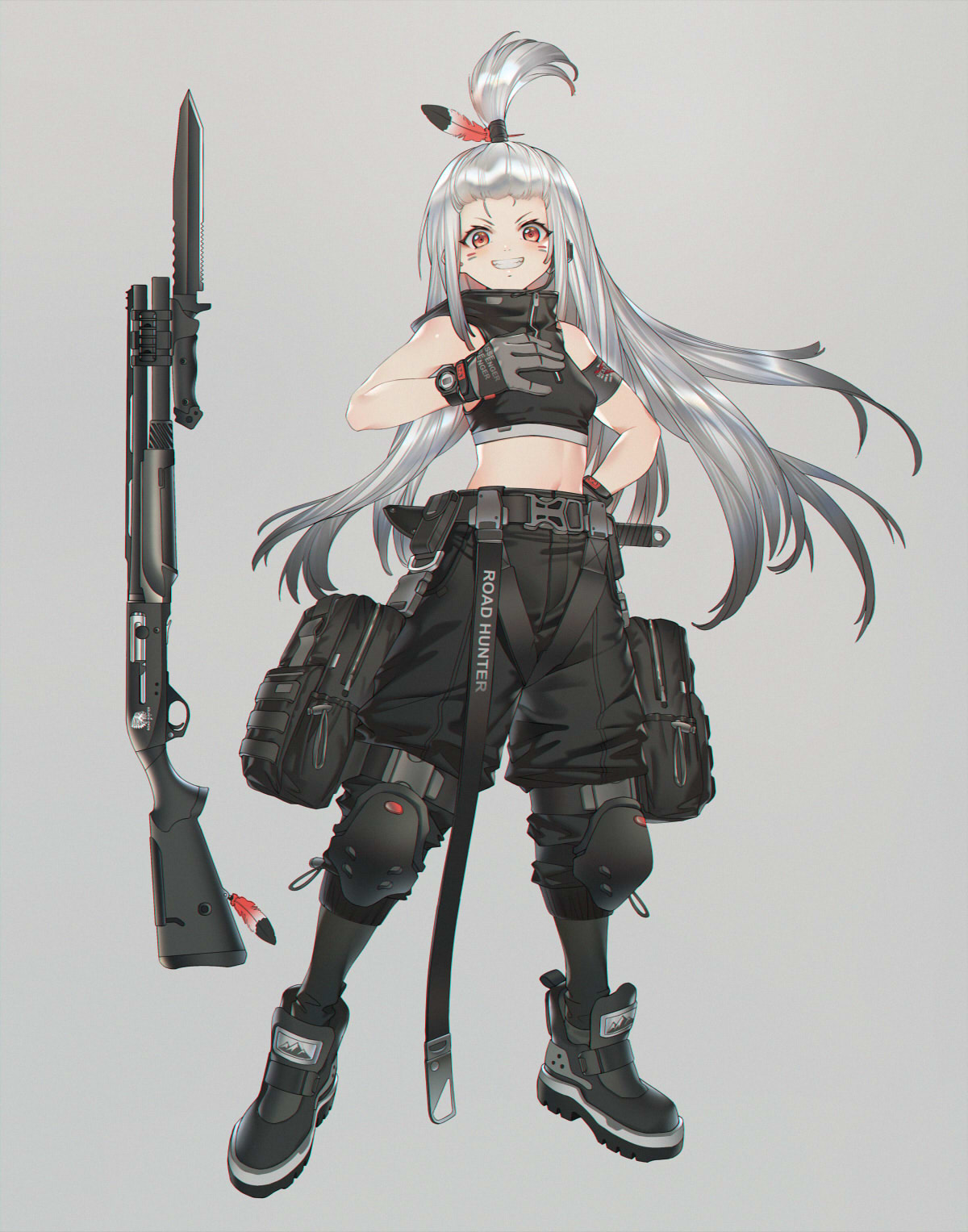 1girl armband bayonet belt belt_pouch boots facial_mark feathers full_body gloves grey_background grin gun hand_on_hip headset highres knee_pads long_hair midriff miv4t original pouch red_eyes shotgun silver_hair smile snap-fit_buckle solo thigh_pouch watch watch weapon