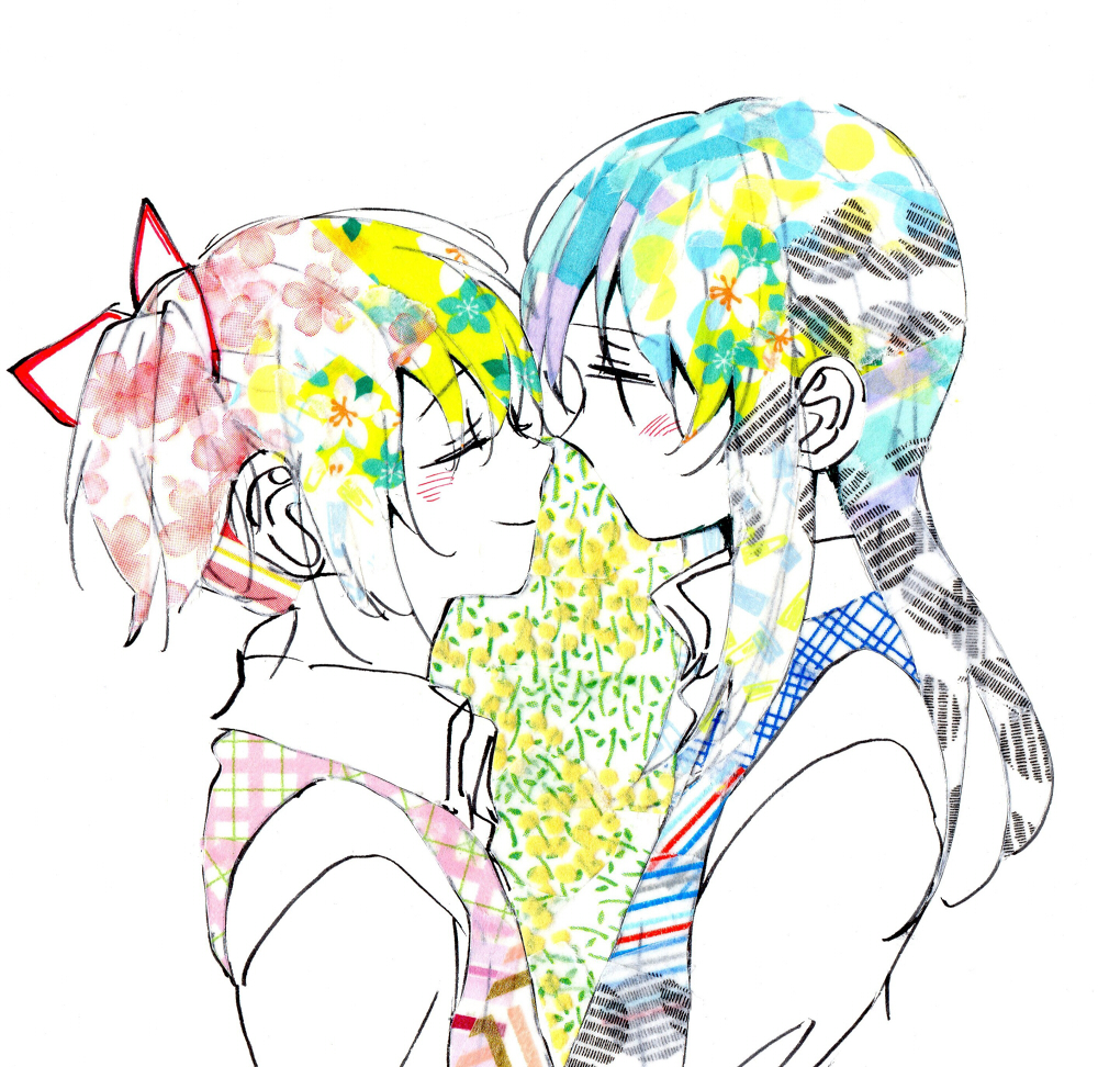 2girls abstract akemi_homura cherry_blossom_print cherry_blossoms close-up closed_eyes closed_mouth collared_shirt colorful double_exposure eyebrows_visible_through_hair eyelashes face face-to-face floral_print flower from_side green_flower hair_ribbon half-closed_eyes happy hibiscus high_collar itsu_(artist) kaname_madoka light_blush light_smile long_hair long_sleeves looking_at_another mahou_shoujo_madoka_magica multiple_girls noses_touching pink_flower plaid profile red_ribbon ribbon shirt simple_background striped twintails unmoving_pattern upper_body vest white_background white_flower