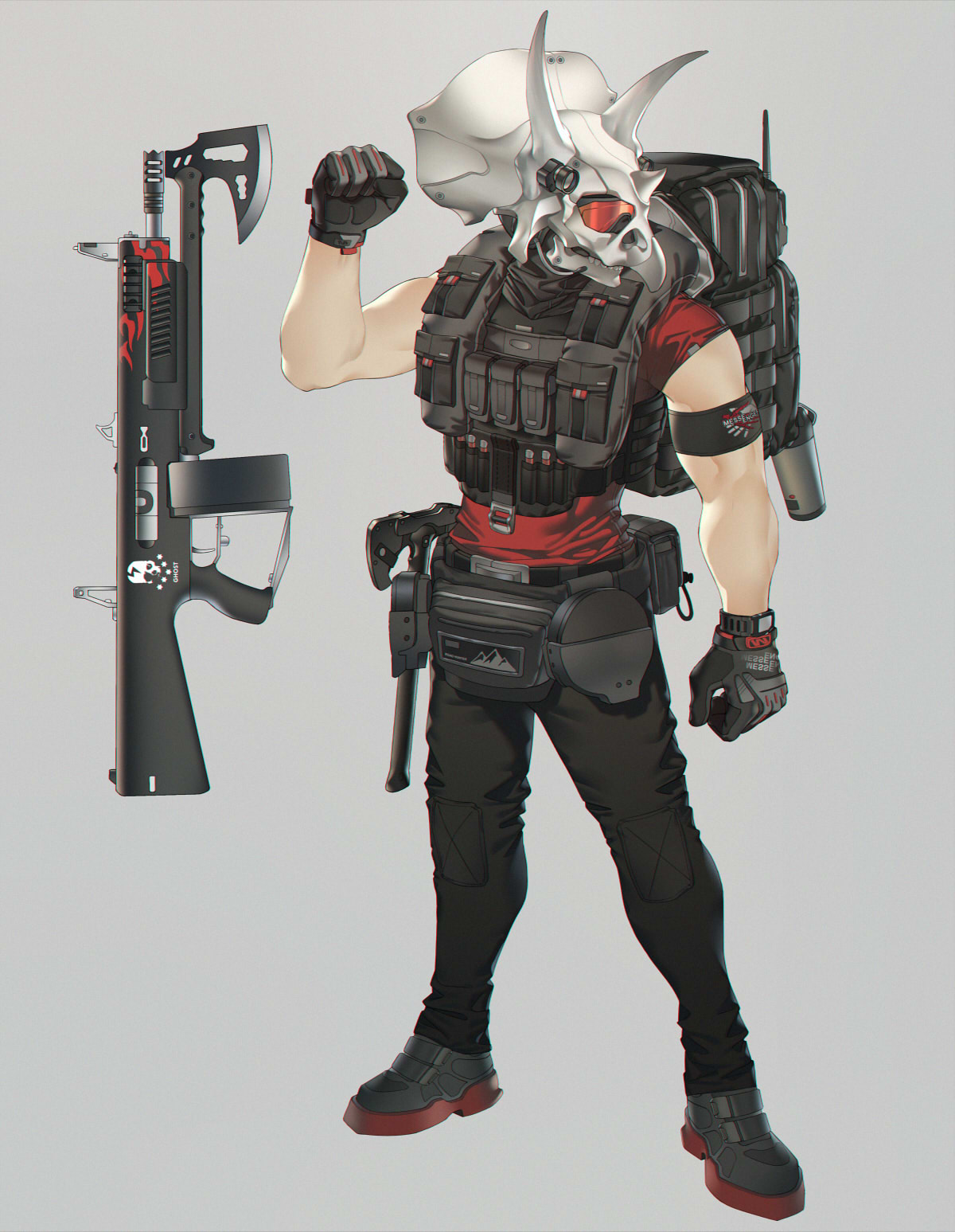 1boy armband assault_rifle axe backpack bag belt belt_pouch black_pants boots clenched_hand full_body gloves grey_background gun highres miv4t muscular muscular_male original pants pouch red_shirt rifle shirt skull solo standing triceratops watch watch weapon