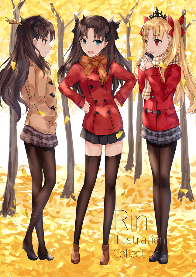 3girls asle bangs beige_jacket black_skirt blonde_hair blue_eyes blush breasts brown_hair brown_legwear ereshkigal_(fate) fate/grand_order fate/stay_night fate_(series) grey_skirt hair_ribbon ishtar_(fate) ishtar_(fate)_(all) jacket long_hair long_sleeves looking_at_viewer medium_breasts multiple_girls open_mouth pantyhose parted_bangs red_eyes red_jacket ribbon scarf skirt smile thigh-highs tiara tohsaka_rin two_side_up