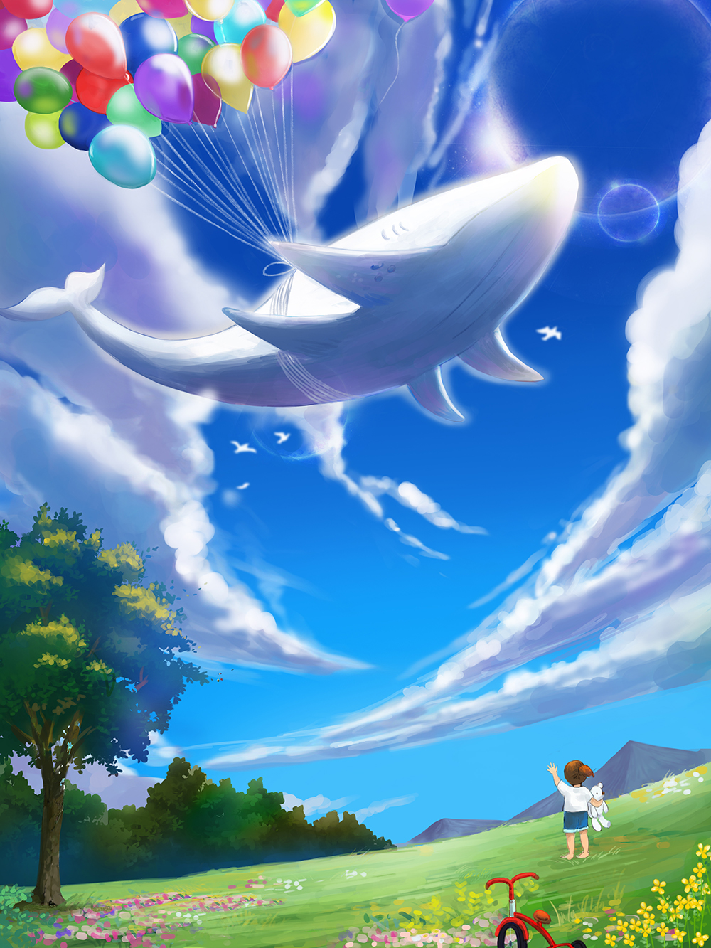 balloon bird blue_sky brown_hair clouds day dew_(7302235) facing_away flower grass highres holding holding_stuffed_toy mountain original outdoors scenery shirt sky standing stuffed_toy tree tricycle whale white_shirt