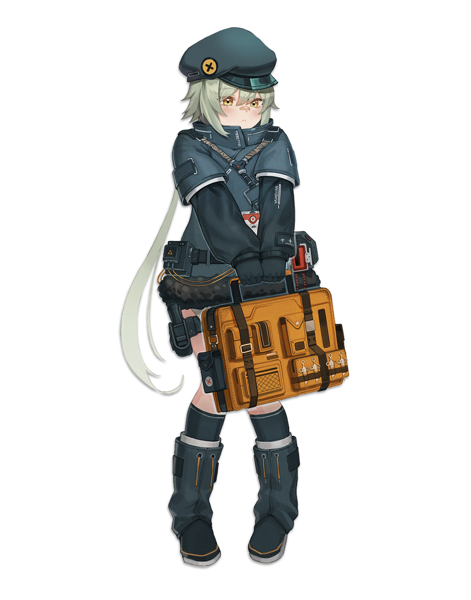 1girl aqua_hair aqua_headwear black_gloves blush boots brown_eyes closed_mouth dano eyebrows_visible_through_hair girls_frontline gloves hat highres holding_case holster hs2000_(girls_frontline) jacket long_hair looking_at_viewer socks solo standing tagme uniform weapon_case white_background