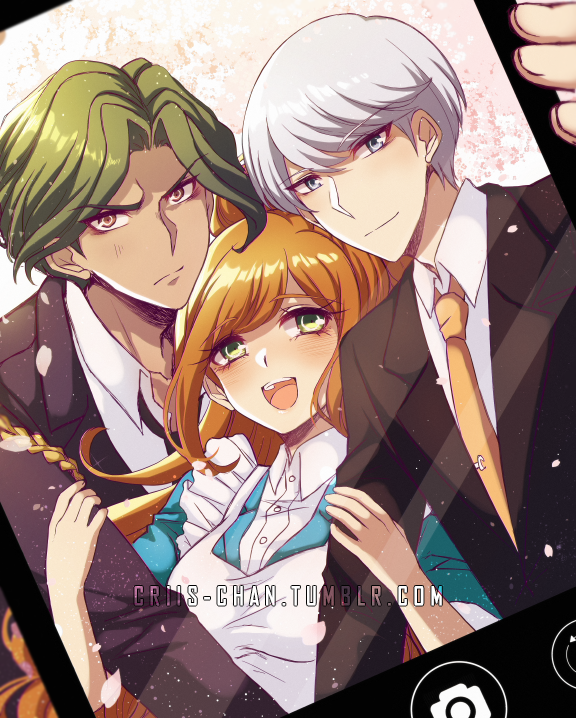 1girl 2boys arm_grab bangs breasts brown_jacket collared_shirt commentary criis-chan dangan_ronpa_(series) dangan_ronpa_3_(anime) dark_skin dark_skinned_male dress duplicate green_eyes green_hair jacket long_hair looking_at_viewer medium_breasts multiple_boys munakata_kyousuke necktie open_mouth orange_hair orange_neckwear phone_screen sakakura_juuzou shirt short_hair smile twitter_username upper_teeth yukizome_chisa