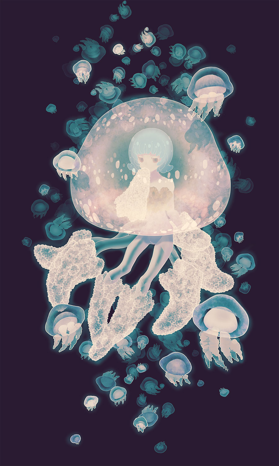 1girl bangs black_background brown_eyes covering_mouth glowing highres jellyfish kitaru_(mabo_f) original personification short_hair solo wide_shot