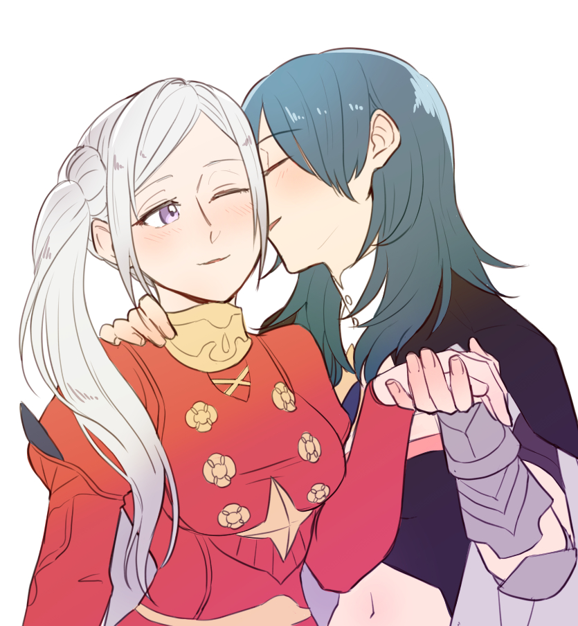 2girls bangs blue_hair blush breasts buttons byleth_(fire_emblem) byleth_eisner_(female) cheek_kiss closed_eyes collar commentary_request dress edelgard_von_hresvelg eyebrows_visible_through_hair fingernails fire_emblem fire_emblem:_three_houses from_side hand_on_another's_shoulder holding_hands kiss long_hair long_sleeves looking_at_another midriff multiple_girls navel one_eye_closed parted_lips puffy_long_sleeves puffy_sleeves red_dress riromomo side_ponytail sidelocks silver_hair simple_background smile stomach upper_body vambraces white_background yuri