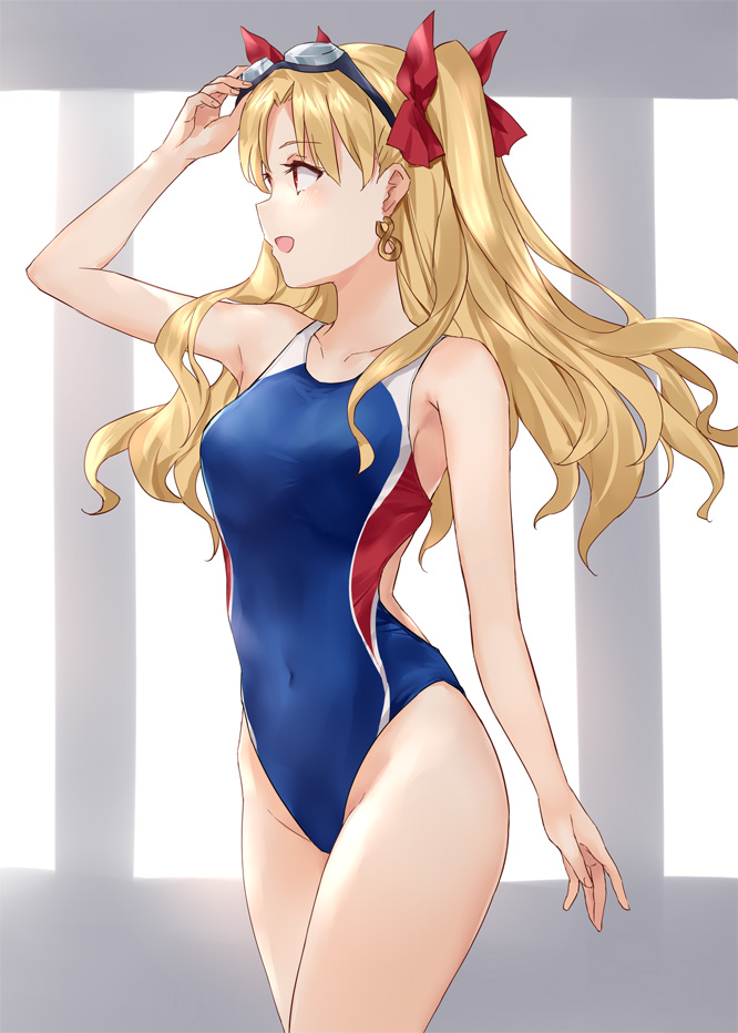 1girl asle bangs bare_shoulders blonde_hair blue_swimsuit blush breasts collarbone earrings ereshkigal_(fate) fate/grand_order fate_(series) hair_ribbon highleg highleg_swimsuit hoop_earrings jewelry long_hair looking_to_the_side medium_breasts one-piece_swimsuit open_mouth parted_bangs red_eyes ribbon smile swimsuit thighs two_side_up