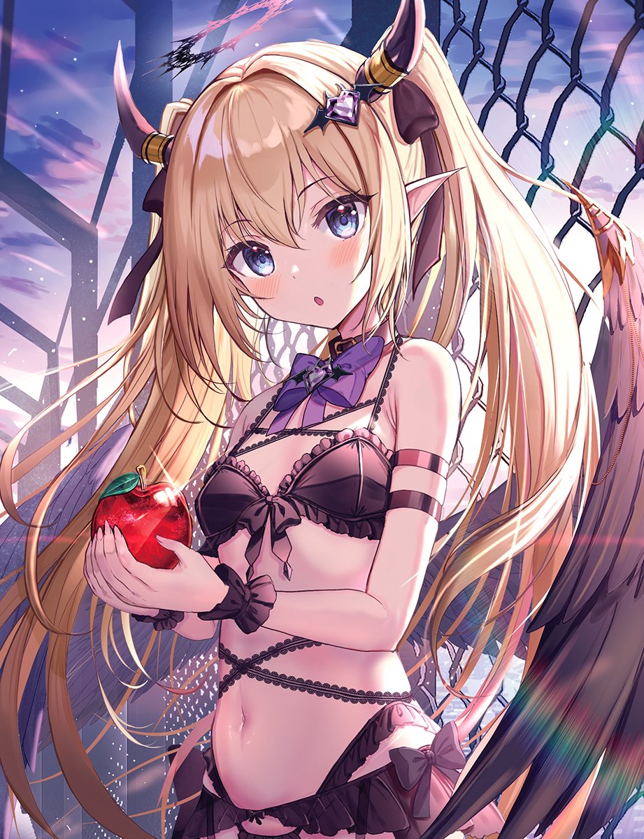 1girl akabane_(zebrasmise) apple arm_strap armpit_crease backlighting bare_shoulders black_bra black_choker black_panties blonde_hair blue_eyes bow bowtie bra breasts chain-link_fence choker cowboy_shot demon_girl demon_horns demon_tail demon_wings feathered_wings fence food frilled_bra frilled_panties frills front-tie_bra front-tie_top fruit hair_ornament hair_ribbon hairclip halo highres holding horns lingerie long_hair looking_at_viewer navel original outdoors panties parted_lips pointy_ears ribbon small_breasts solo stomach sunlight tail underwear underwear_only very_long_hair wings wrist_cuffs