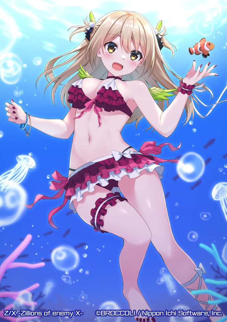 1girl :d animal bangle bare_shoulders bikini bracelet breasts character_request clownfish commentary_request coral day fish hand_up jellyfish jewelry komori_kuzuyu light_brown_hair long_hair medium_breasts nail_polish navel official_art open_mouth outdoors red_bikini red_nails smile solo swimsuit two_side_up underwater water wrist_cuffs yellow_eyes z/x