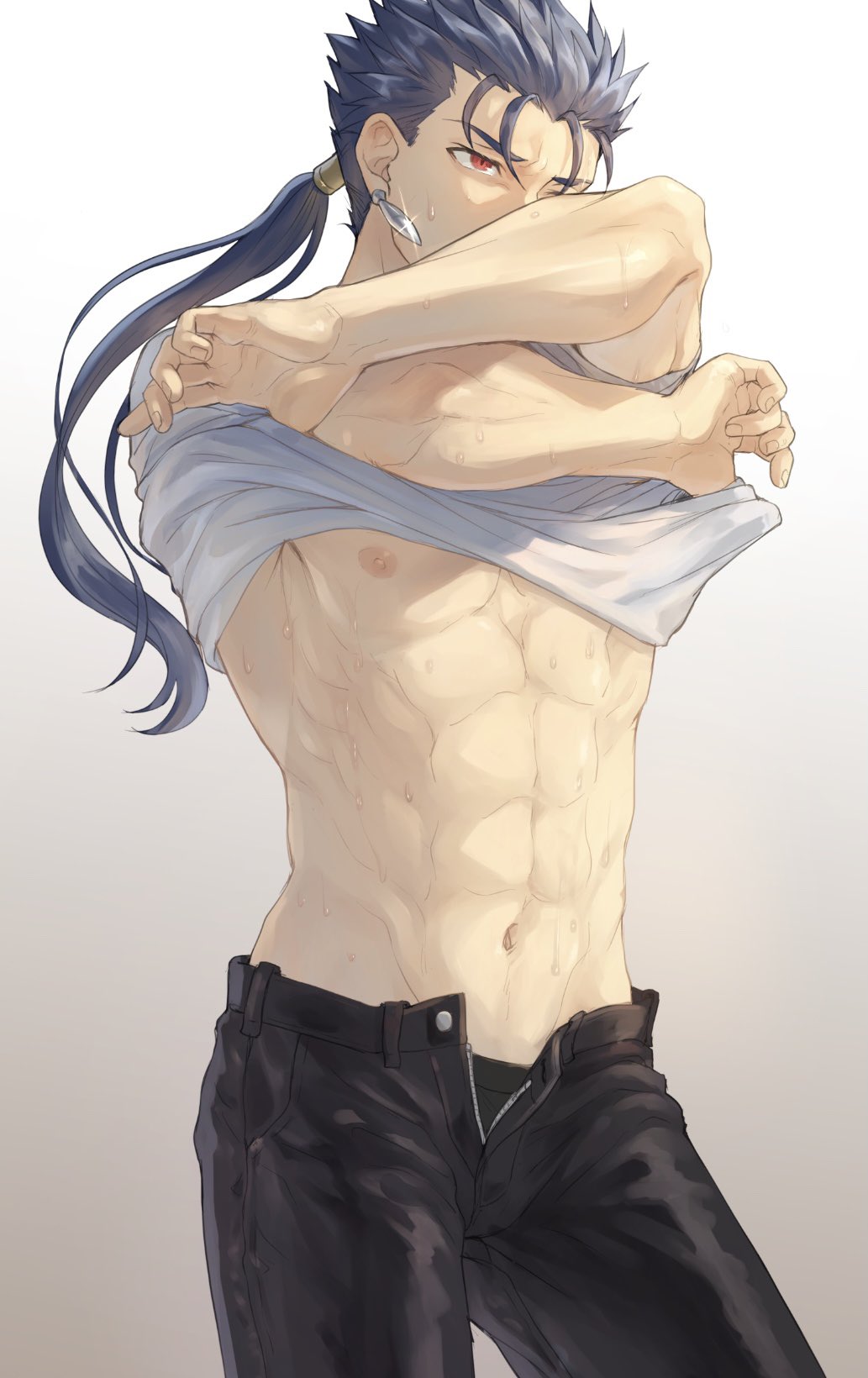 1boy abs black_pants blue_hair commentary_request cowboy_shot cu_chulainn_(fate)_(all) earrings fate/stay_night fate_(series) gradient gradient_background grey_background highres jewelry lancer long_hair male_focus mondi_hl muscular muscular_male navel nipples one_eye_closed open_pants pants pectorals ponytail red_eyes shirt shirt_lift simple_background solo sweat t-shirt undressing white_background
