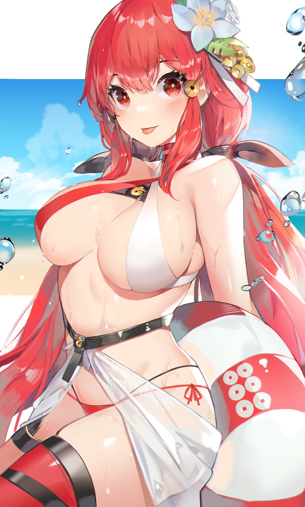 1girl akizone asymmetrical_legwear bangs bare_shoulders beach bikini black_ribbon blush breasts choker covered_nipples droplet eyebrows_visible_through_hair flower hair_flower hair_ornament hair_ribbon halterneck highres large_breasts long_hair outdoors red_bikini red_eyes red_legwear redhead ribbon sanada_yukimura_(sengoku_basara) sengoku_basara solo swimsuit thigh-highs tongue tongue_out water