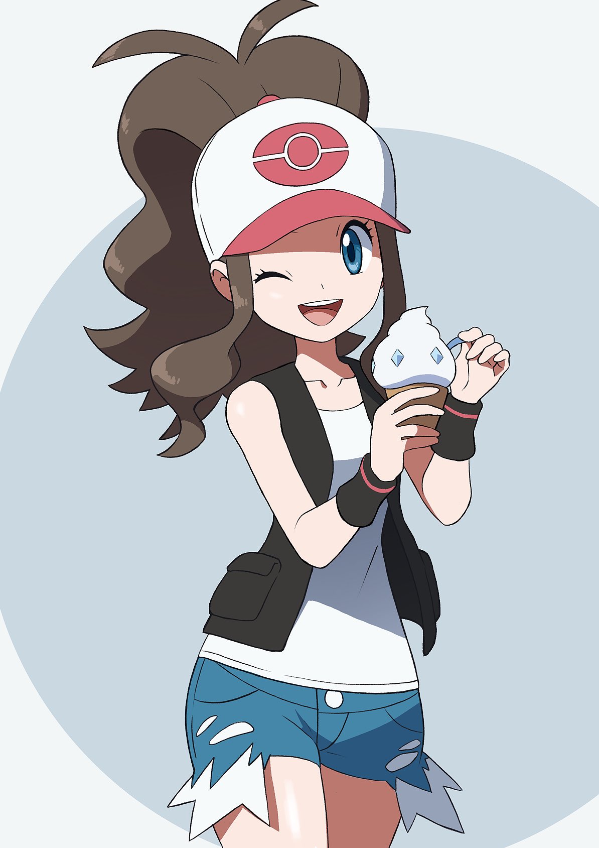 1girl black_jacket blue_eyes brown_hair eating food happy hat highres hilda_(pokemon) ice_cream jacket long_hair looking_at_viewer one_eye_closed pokemon pokemon_(game) pokemon_bw ponytail shirt shorts sleeveless sleeveless_shirt smile yoshi_(moco1)