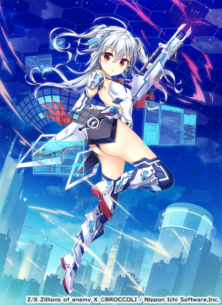 1girl bangs breasts city elbow_gloves eyebrows_visible_through_hair gloves gun hair_between_eyes headgear holding holding_gun holding_weapon holographic_interface long_hair looking_at_viewer profile red_eyes silver_hair small_breasts solo thigh-highs watermark weapon yaki_mayu z/x