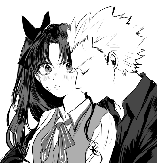 1boy 1girl archer bangs black_bow black_hair black_shirt blush bow bowtie closed_eyes collar collared_shirt commentary_request couple embarrassed fate/stay_night fate_(series) from_side greyscale hair_bow hetero long_hair looking_at_viewer monochrome parted_bangs parted_lips shimatori_(sanyyyy) shirt simple_background spiky_hair sweat tohsaka_rin twintails upper_body vest white_background white_hair white_shirt