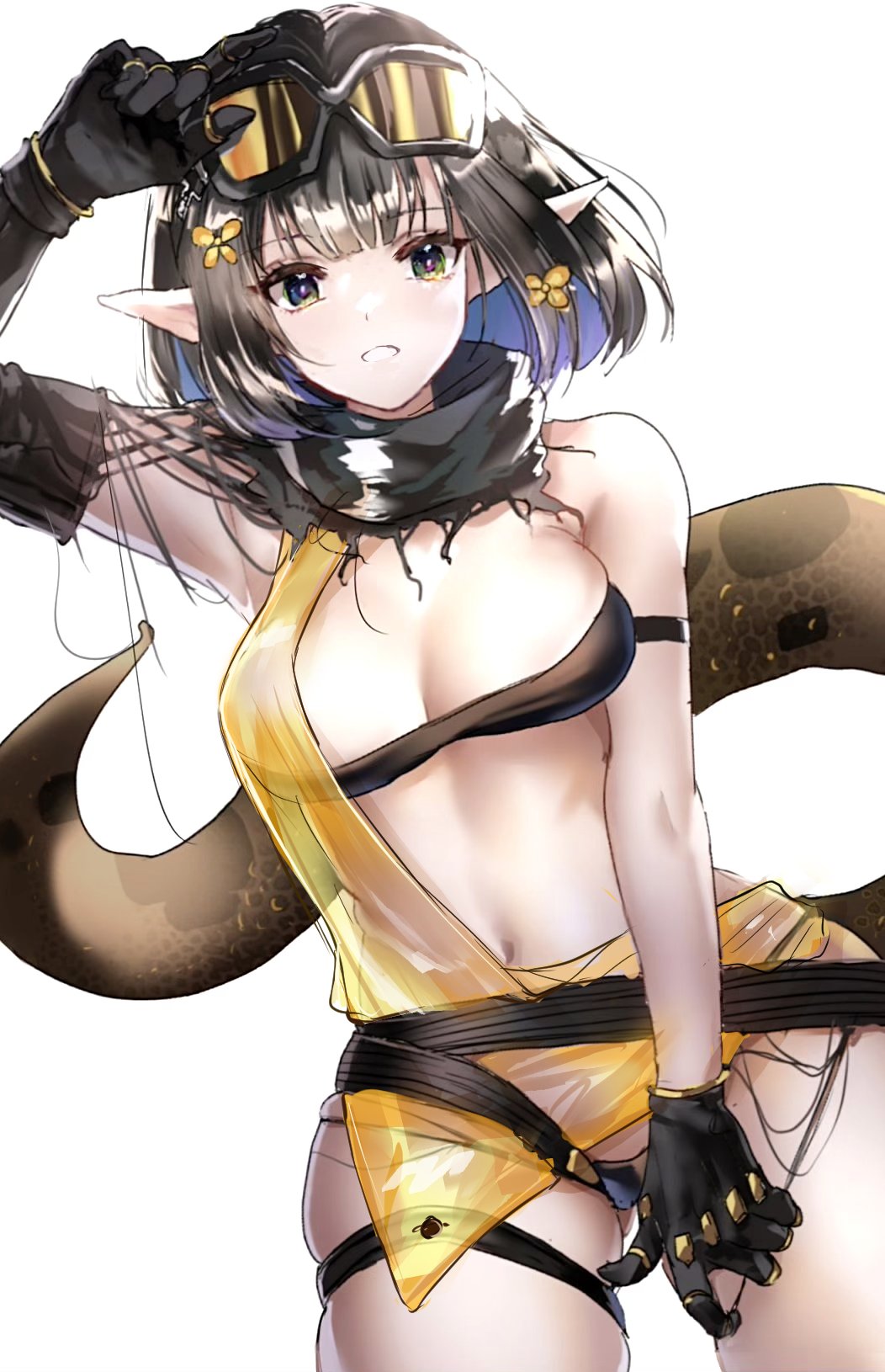 1girl :o arknights arm_strap arm_up bandeau bangs bare_shoulders black_gloves black_hair black_panties breasts commentary cowboy_shot eunectes_(arknights) gloves goggles goggles_on_head grey_eyes highres looking_at_viewer medium_breasts midriff navel panties pointy_ears revision short_hair simple_background snake_tail solo standing stomach strapless tail thigh_strap thighs tubetop underwear white_background yavalley
