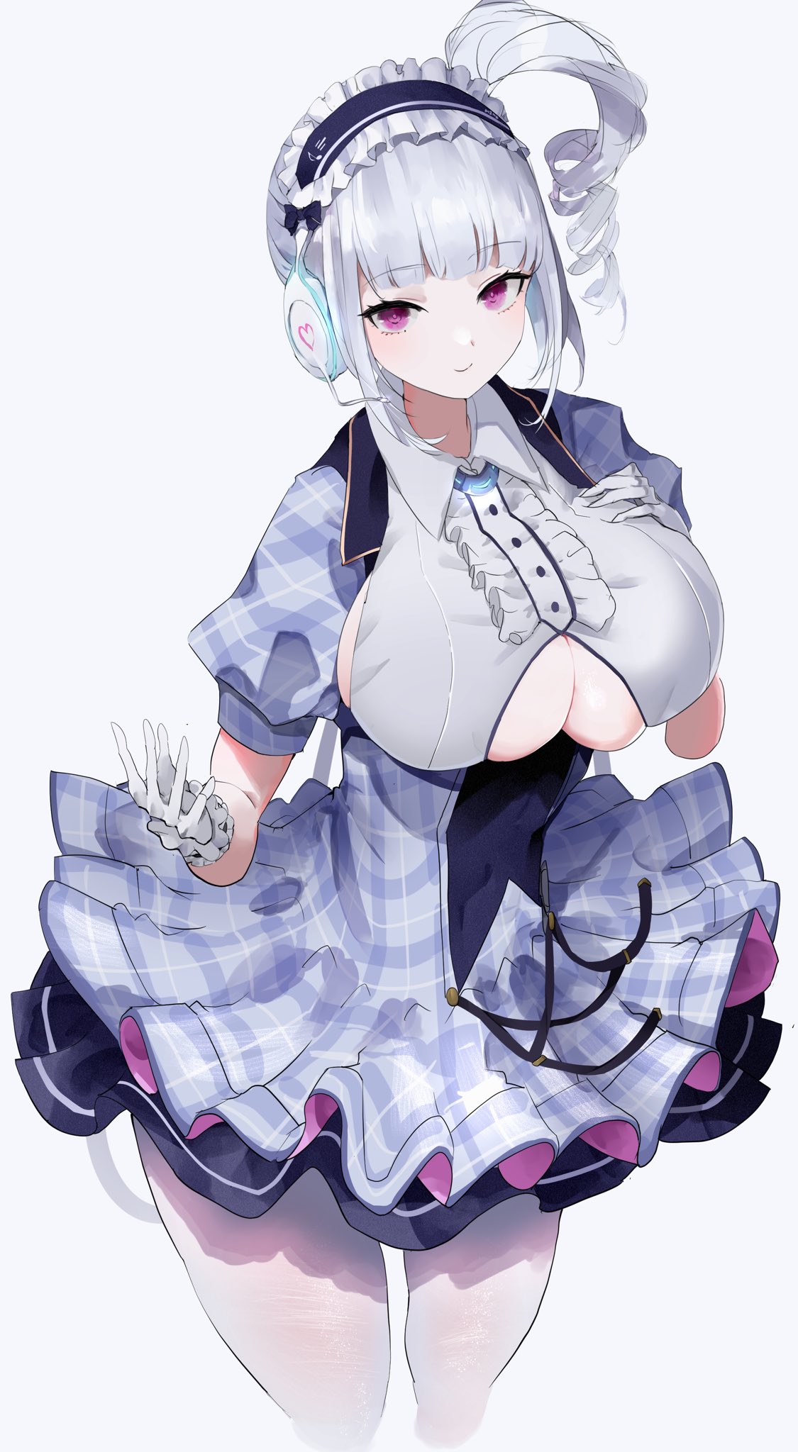 1girl azur_lane breasts clothing_cutout covered_navel dido_(azur_lane) dido_(muse)_(azur_lane) dress drill_hair ekaki_no_mime gloves headphones highres large_breasts looking_at_viewer maid_headdress pantyhose side_ponytail sideboob silver_hair under_boob violet_eyes white_background white_gloves white_legwear