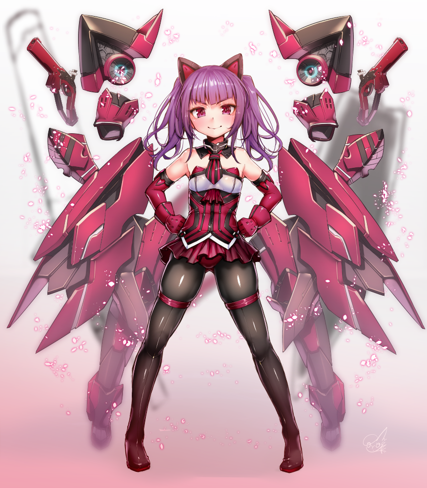 1girl alice_gear_aegis bare_shoulders black_legwear breasts closed_mouth commentary_request doyagao doyouwantto dress fake_tail floating floating_object floating_weapon gun hands_on_hips ichijou_ayaka looking_at_viewer mecha_musume pantyhose pink_hair red_dress red_eyes signature skindentation small_breasts smug solo tail weapon