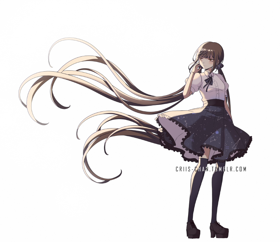 1girl absurdly_long_hair alternate_costume bangs black_footwear black_legwear brown_eyes brown_hair closed_mouth collared_shirt criis-chan dangan_ronpa_(series) dangan_ronpa_v3:_killing_harmony dress_shirt floating_hair full_body hair_ornament hair_scrunchie hand_up harukawa_maki high_heels long_hair looking_to_the_side neck_ribbon puffy_short_sleeves puffy_sleeves purple_scrunchie ribbon scrunchie shiny shiny_hair shirt shoes short_sleeves simple_background skirt solo star_(symbol) star_print symbol_commentary thigh-highs twintails very_long_hair white_background white_shirt