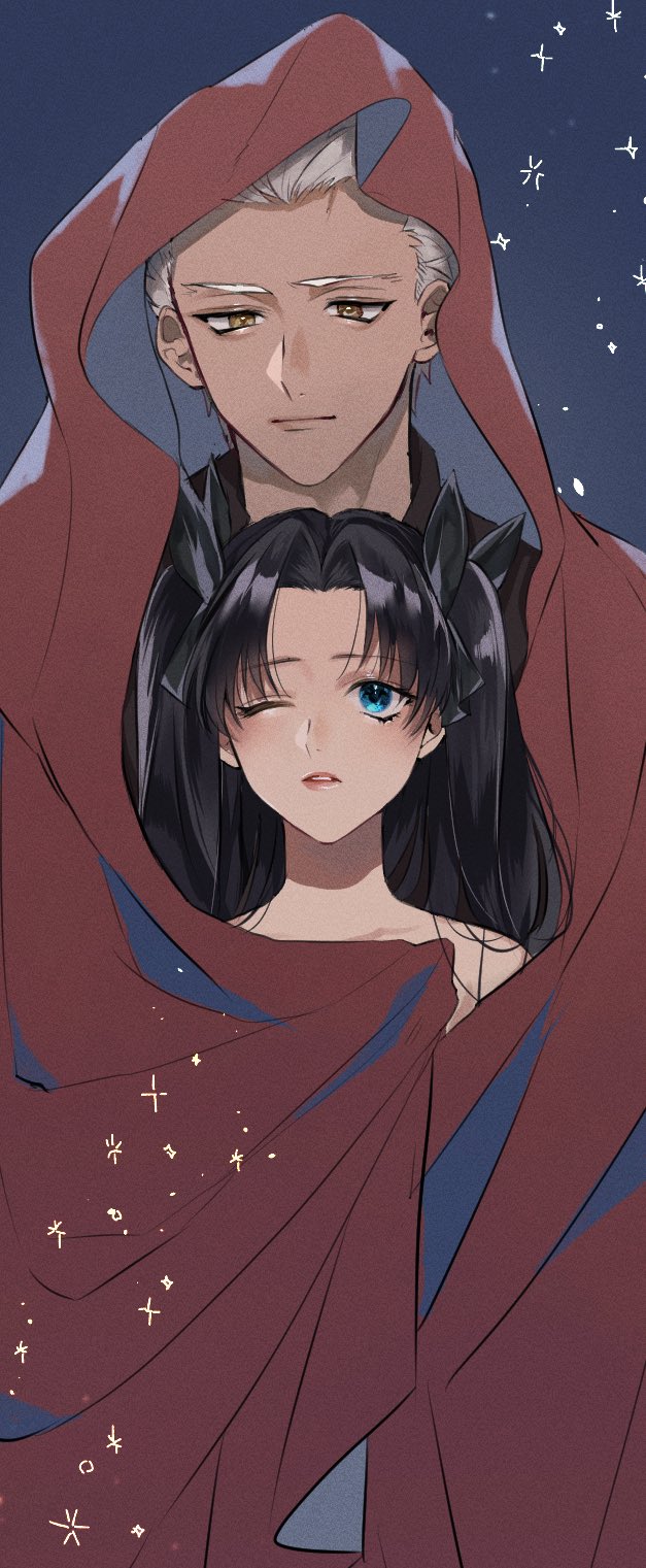 1boy 1girl archer bangs bare_shoulders black_hair black_ribbon black_shirt blue_eyes brown_eyes cloak closed_mouth collar collared_shirt commentary_request fate/stay_night fate_(series) forehead grey_hair hair_ornament hair_ribbon highres hood hood_up hooded_cloak lips long_hair looking_at_viewer one_eye_closed parted_bangs parted_lips red_cloak ribbon shimatori_(sanyyyy) shirt simple_background sky sparkle star_(sky) starry_sky tohsaka_rin