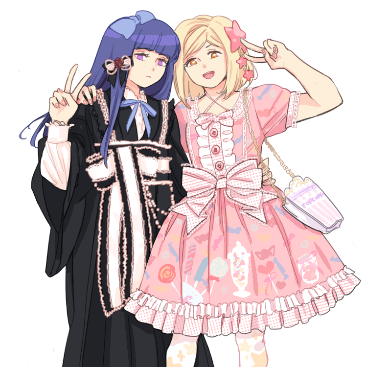 2girls alternate_costume bag black_dress blonde_hair calissons dress frederica_bernkastel frilled_dress frills hair_ribbon handbag hime_cut japanese_clothes lambdadelta lolita_fashion long_hair multiple_girls orange_eyes purple_hair ribbon same_height sweet_lolita umineko_no_naku_koro_ni v violet_eyes wa_lolita